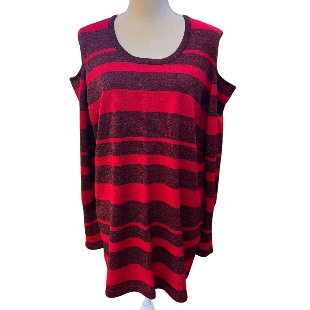Questions Women's Red &‎ Black Striped Cold Shoulder Sweater 2X metallic thread